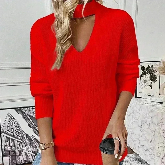 Red Casual Women's Choker Neck Drop Shoulder Sweater - Picture 5 of 6